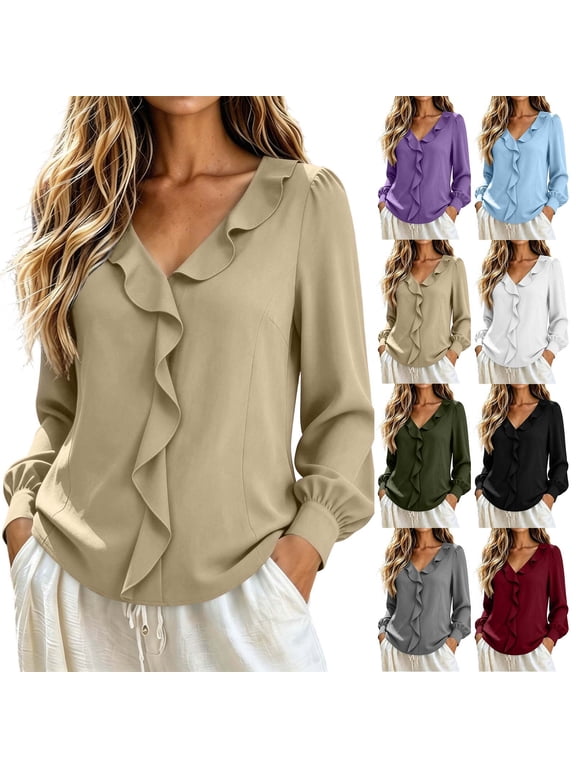 Womens Ruffle Shirts Long Sleeve V Neck Casual Dressy Tops Ladies Business Formal Work Shirt Fall Trendy 2026 XL