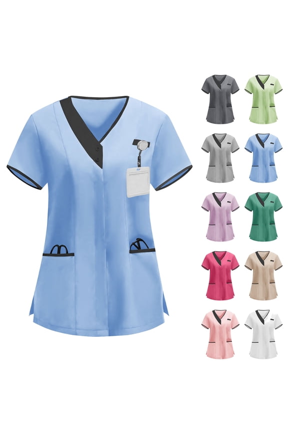 Womens Scrub Tops Color Block Short Sleeve V Neck Tunic Shirt Nurse Working Uniform Scrubs with Pockets Dark Gray XL