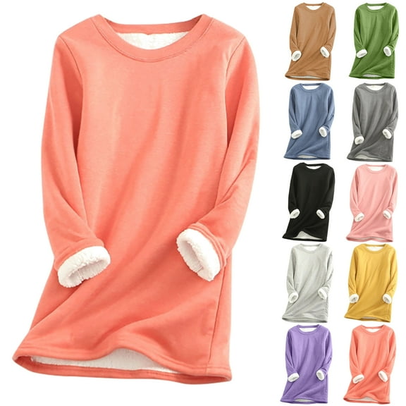 DDAPJ pyju Womens Sherpa Fleece Lined Pullover Winter Warm Crew Neck Sweatshirt Solid Color Loungewear Tops Plus Size Sleep Shirts Hot Pink XL