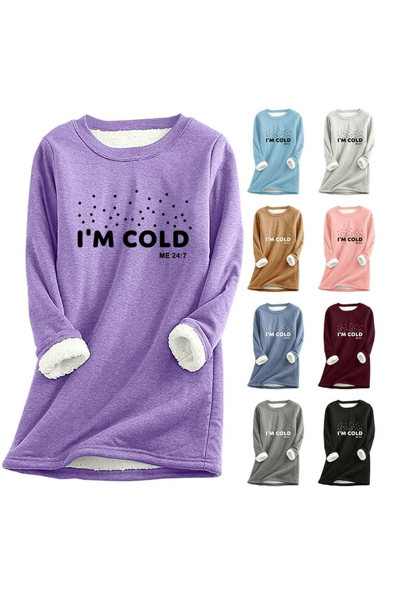 Womens Sherpa Lined Pullover I'M COLD ME 24:7 Fleece Crewneck Sweatshirt Thicken Winter Casual Thermal Tops Holiday Loungewear Black L