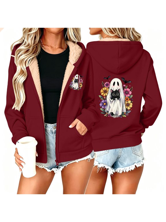 Womens Sherpa Lined Zip Up Hoodies Cute Ghost Print Hooded Jacket Fall Winter Warm Fleece Sweatshirt with Pockets Halloween Gifts L