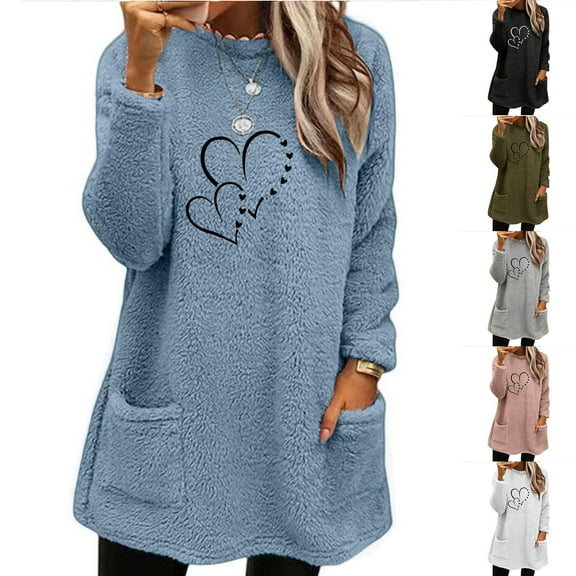 DDAPJ pyju Womens Sherpa Pullover 2024 Winter Fuzzy Fleece Sweatshirts Cute Heart Print Crewneck Thermal Sweatshirt Loose Comfy Loungewear Tunic Tops with Pockets Blue L