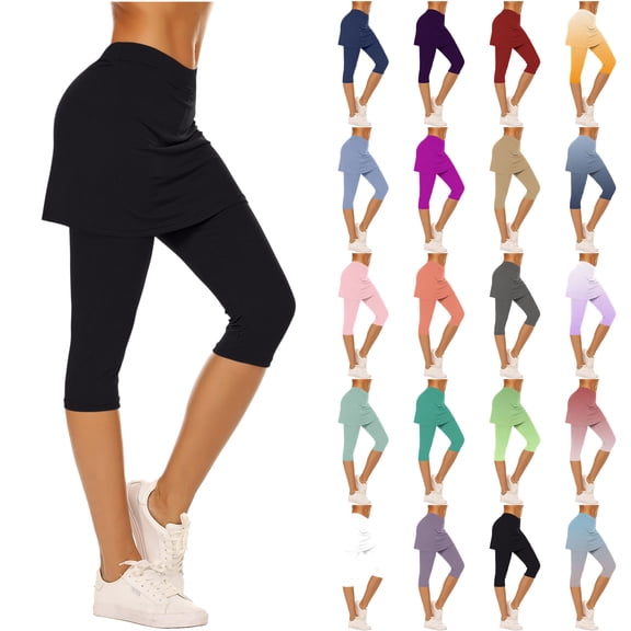 DDAPJ pyju Womens Skirted Capri Leggings Yoga Golf Tennis Pants with Skirt Running Workout Active Cropped Pants Gray S