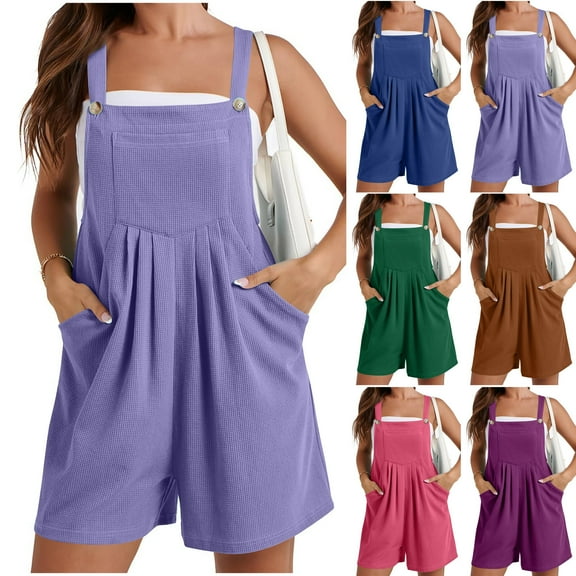 DDAPJ pyju Womens Sleeveless Short Jumpsuit Waffle Knit Baggy Overalls Casual Summer Wide Leg Romper Shorts with Pockets Birthday Gifts Rose Gold S