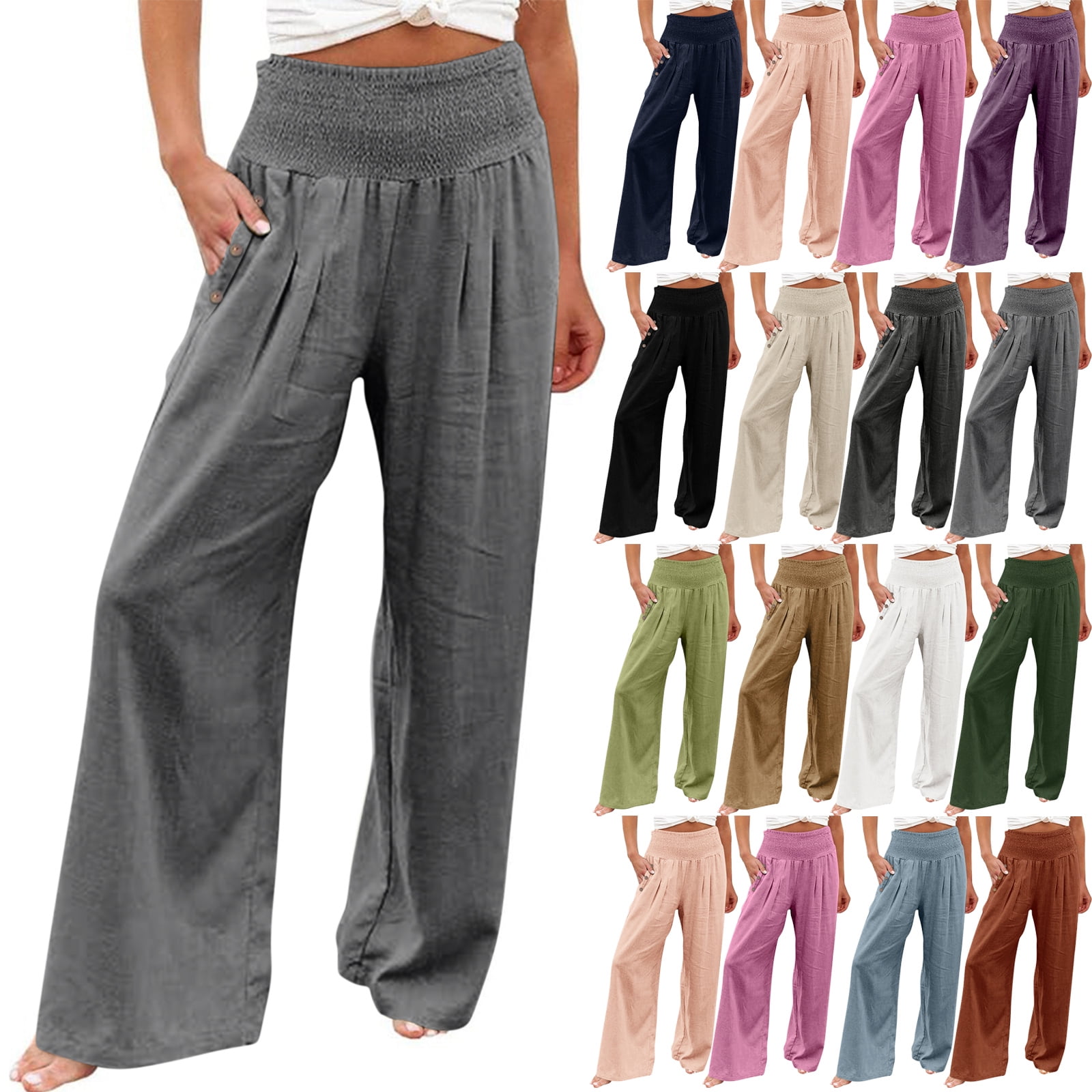 Women's Smocked Waist Palazzo Pants - Wide Leg Cropped Casual Pants For Vacation & Daily Wear