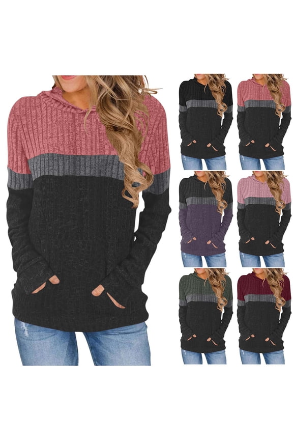 Womens Soft Ribbed Knit Hoodie Sweaters Long Sleeve Drawstring Pullover Sweatshirt Lightweight Cozy Fall Tops