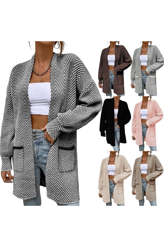 Womens Striped Cardigan Sweaters Long Knit Cardigans Trendy Casual Open Front Dusters Oversized Boyfriend Outerwear Jacket with Pockets Brown M