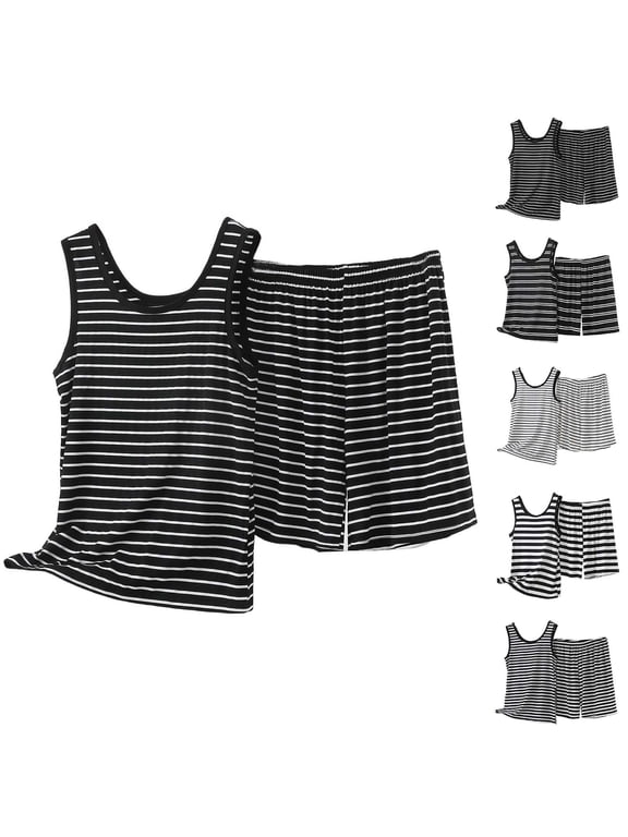 Womens Striped Pajama Sets Sleeveless Tank Top and Shorts Sleepwear Soft Modal Nightwear Summer Pajamas Black L