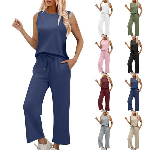 DDAPJ pyju Womens Summer 2 Piece Outfits Crop Tank Tops with Long Track Pants Lounge Tracksuits 2025 Ofertas relámpago Black S