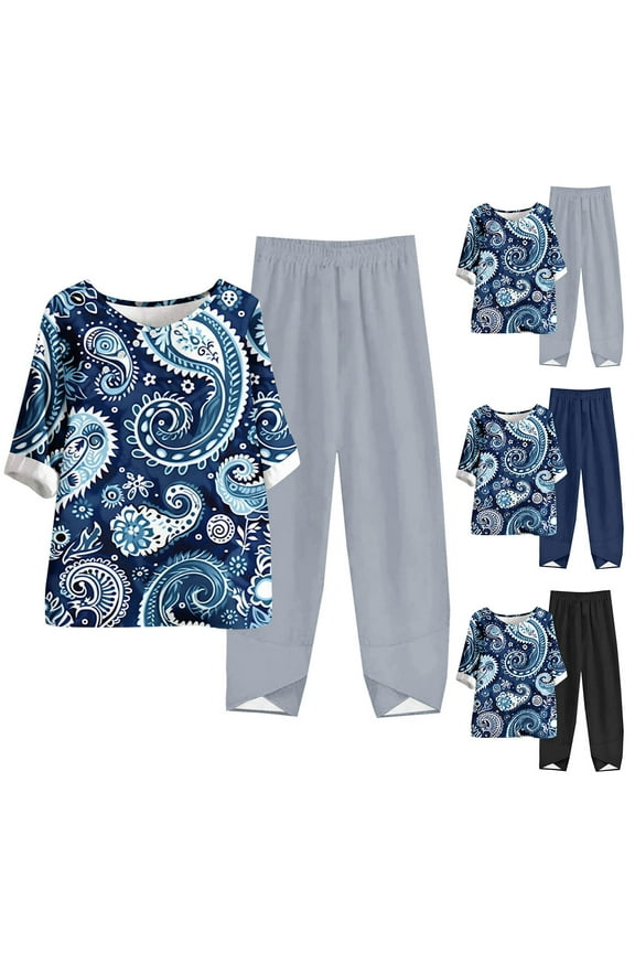 Womens Summer 2 Piece Outfits Plus Size Lounge Matching Set Vintage Floral Print Short Sleeve Crewneck Tops and Elastic Waist Capri Pants Sets Casual Tracksuit Navy M
