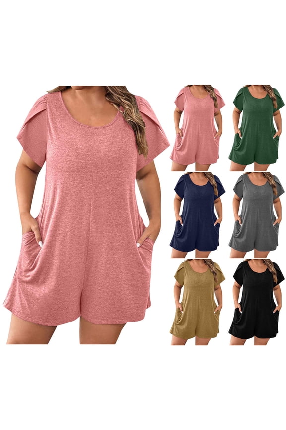 Womens Summer Casual Shorts Jumpsuit Short Petal Sleeve T Shirt Romper Comfy Baggy Overalls with Pockets One Piece Outfits 2025 Pink M