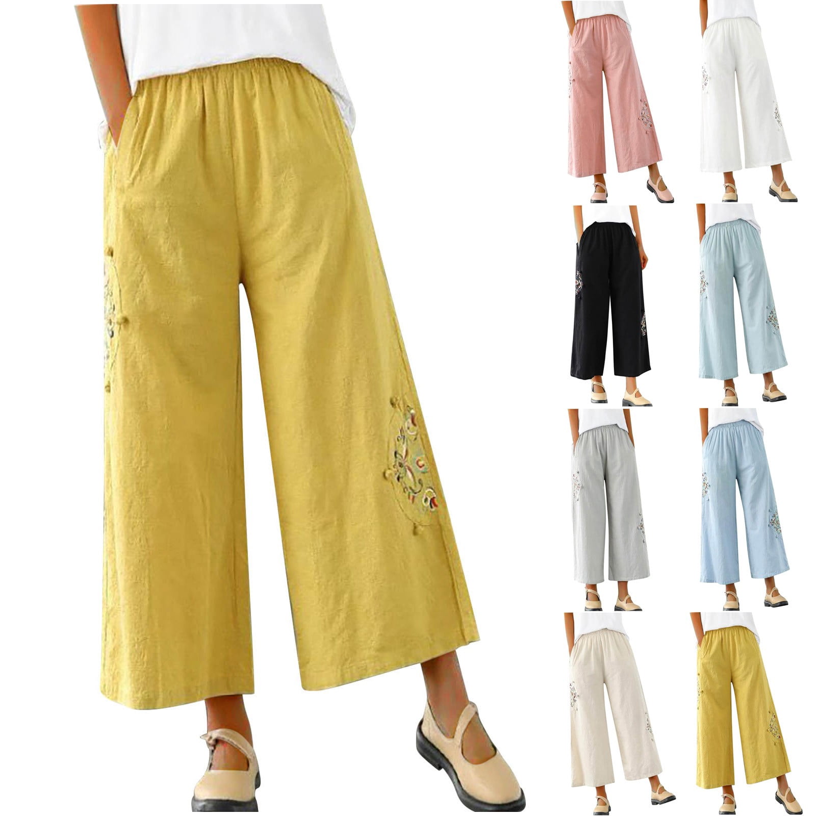 DDAPJ pyju Womens Summer Culottes Pants Vintage Floral Embroidery Linen ...