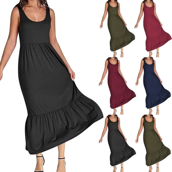DDAPJ pyju Womens Summer Dresses 2025 Sleeveless Maxi Dress Solid Casual Flowy Tiered Sundresses Sales of The Day Black XL