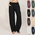 thumbnail image 1 of DDAPJ pyju Womens Summer Fashion Linen Pants Elastic Waist Comfy Straight Wide Leg Pants Solid Casual Loose Fit Drawstring Trousers with Pockets Daily Sales Gray S, 1 of 6