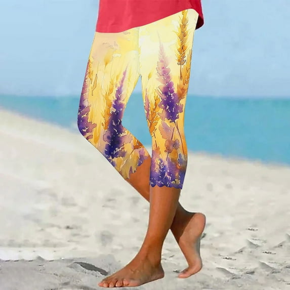 DDAPJ pyju Womens Summer Floral Capris High Waisted Capri Leggings Buttery Soft Yoga Running Pants Lightweight Casual Milk Silk Legging Sales Today Clearance Khaki S