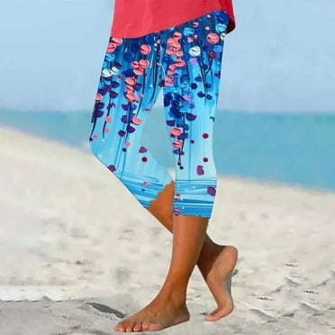 DDAPJ pyju Womens Summer Floral Capris High Waisted Capri Leggings Buttery Soft Yoga Running Pants Lightweight Casual Milk Silk Legging Sales Today Clearance Blue M