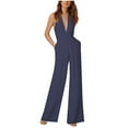 thumbnail image 1 of DDAPJ pyju Womens Summer Formal Jumpsuits on Clearance,Deep V Neck Halter Sleeveless High Waist Pleated Flare Long Pants Solid Fashion Rompers with Pockets, 1 of 6