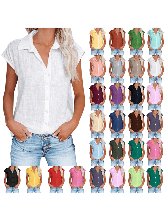 Womens Summer Solid Cotton Linen Blouses Cap Sleeve Lapel Button Down Tshirts Asymmetrical Hem Lightweight Loose Flowy Tops Wine L