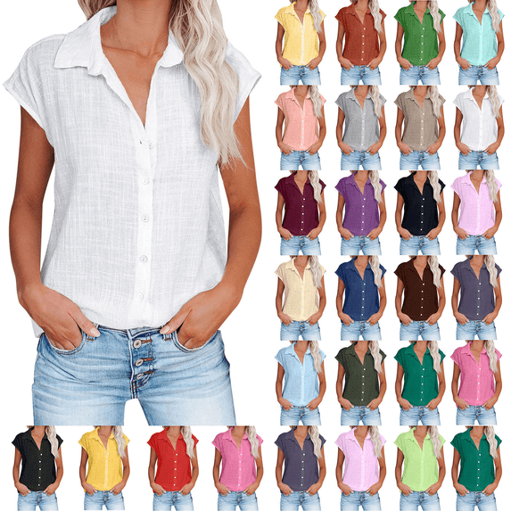 DDAPJ pyju Womens Summer Solid Cotton Linen Blouses Cap Sleeve Lapel Button Down Tshirts Asymmetrical Hem Lightweight Loose Flowy Tops Prime Sales Today Light Yellow M