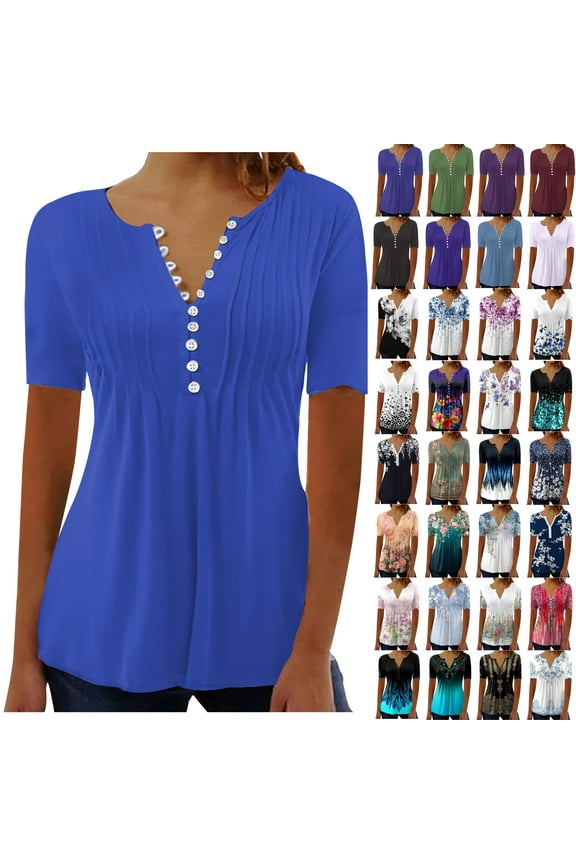 Womens Summer Tops 2025 Plus Size Hide Belly Shirts Pleated Button V Neck T-Shirt Loose Causal Empire Waist A-Line Floral Tunic Tops Black M