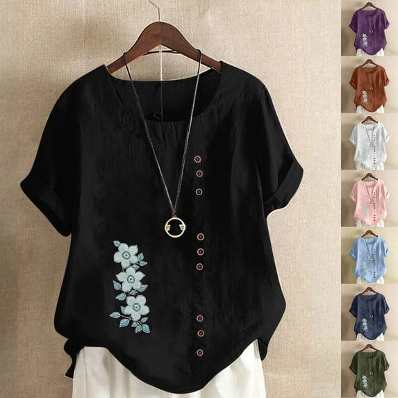 DDAPJ pyju Womens Summer Tops Boho Floral Print Short Sleeve Tshirt Baggy Linen Blouse Lightweight Comfy Beach Vacation Tees Limited Time Sales of Today Blue M