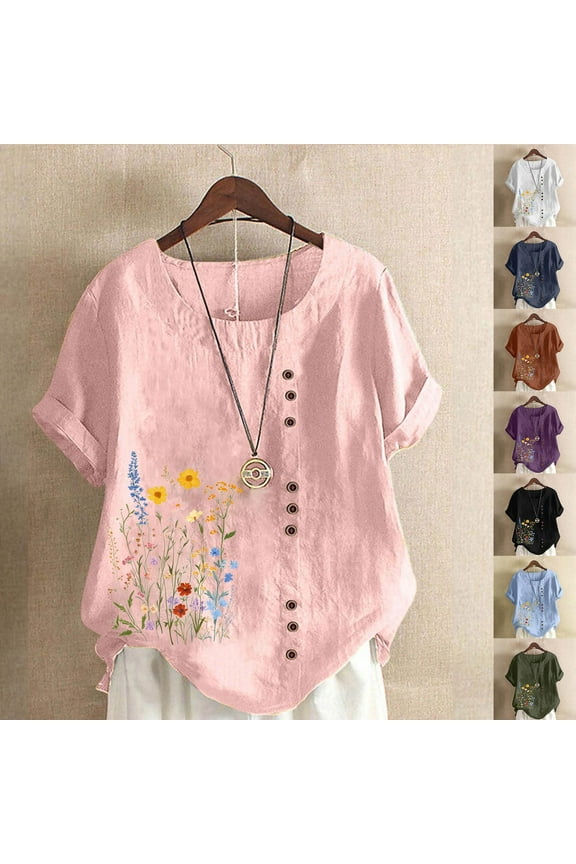 Womens Summer Tops Cotton Linen T Shirts Short Sleeve Floral Print Tshirt Elegant Work Blouse Sales of Today White M
