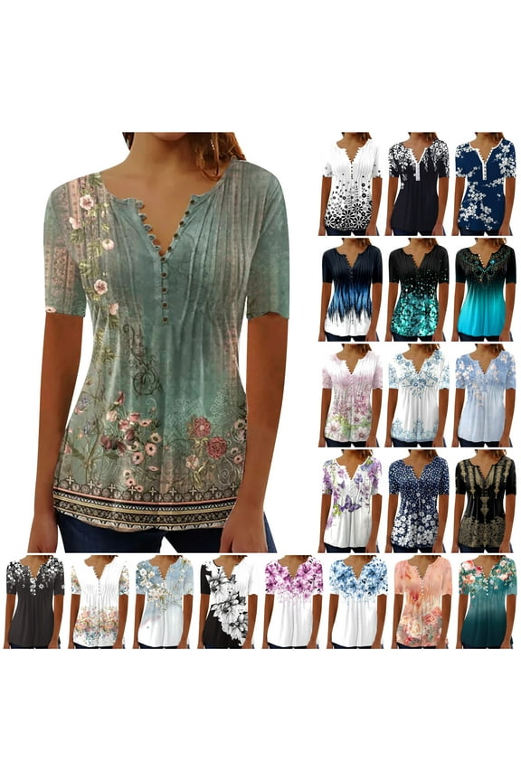 Womens Summer Tops Dressy Casual Short Sleeve Button V Neck T Shirts Trendy Boho Floral Tunic Blouses Cute Flowy Tees Ofertas Hoy Liquidación Black XXXXL