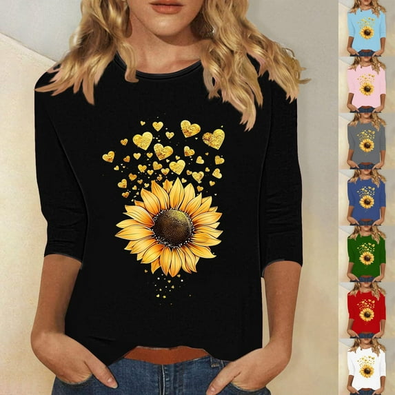 DDAPJ pyju Womens Sunflower Shirt 3/4 Sleeve Cute Tops Floral Heart Graphic Tees Boho Summer T-shirt Casual Loose Blouse Tee Limited Time Sales Light Blue L