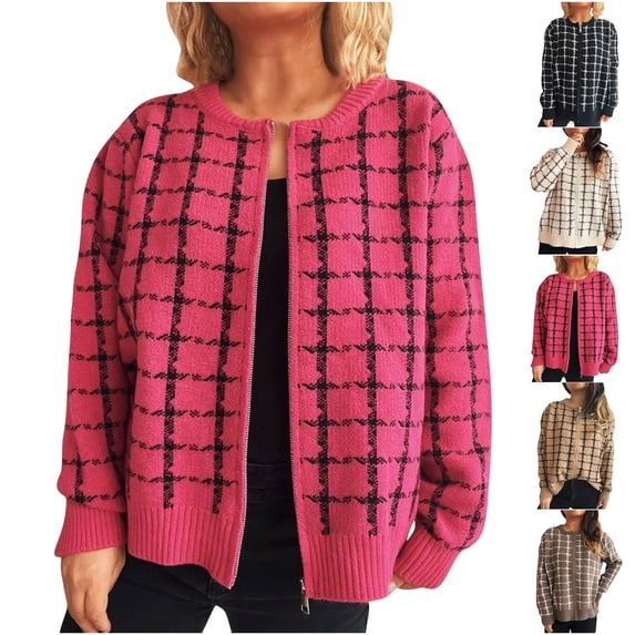 DDAPJ pyju Womens Sweater Jackets Zip Up Plaid Sweaters Ribbed Knit Long Sleeve Cropped Jacket Trendy Casual Outerwear Brown S
