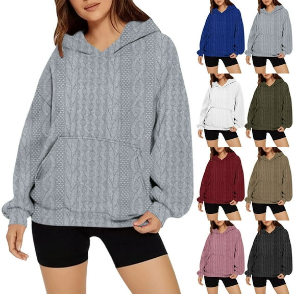 DDAPJ pyju Womens Textured Hoodie Long Sleeve Knitting Hooded Sweatshirt Oversized Solid Pullover Hoodies with Kangaroo Pocket Green XL