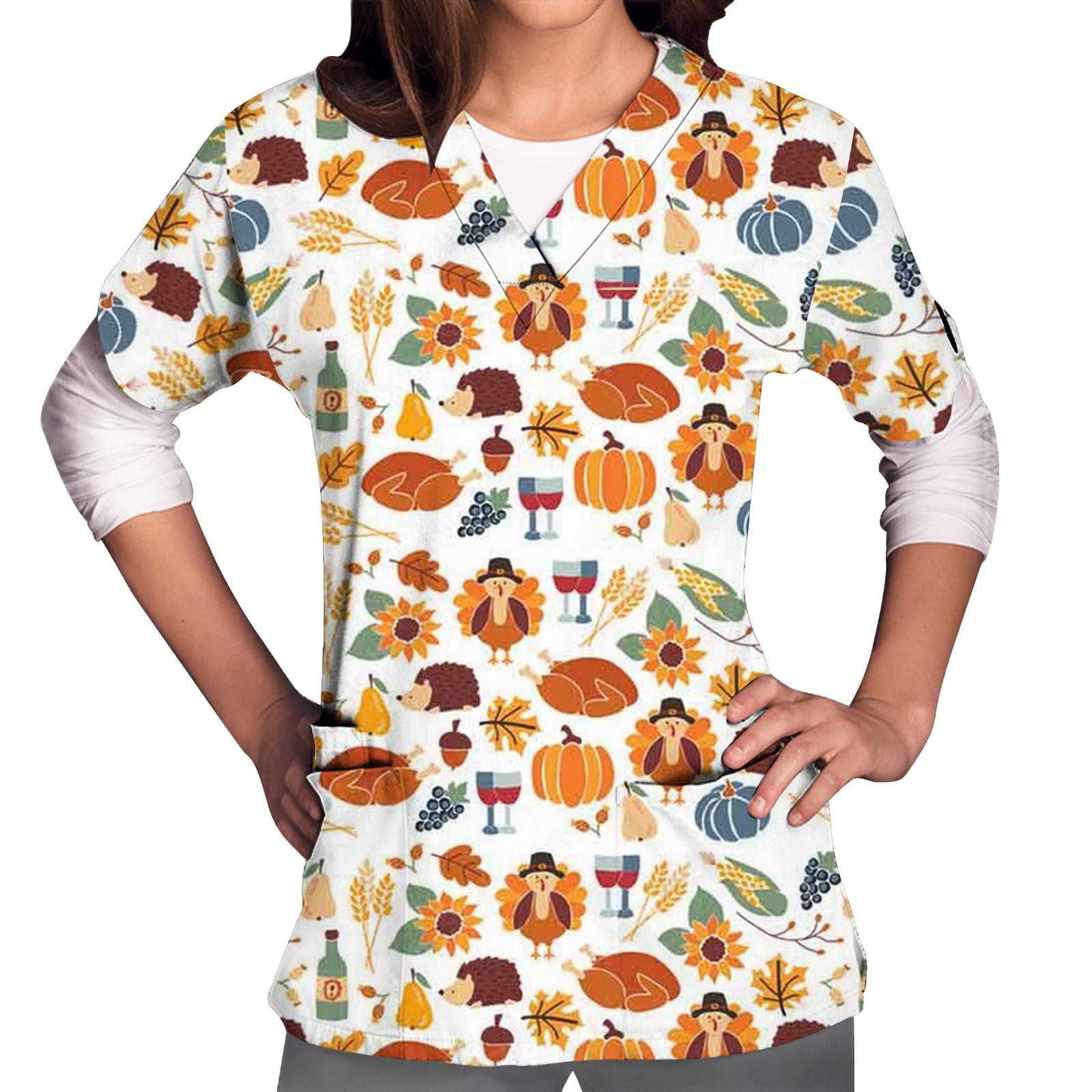 DDAPJ pyju Womens Thanksgiving Scrub Tops Clearance Sales,Pumpkin Turkey Print Short Sleeve V