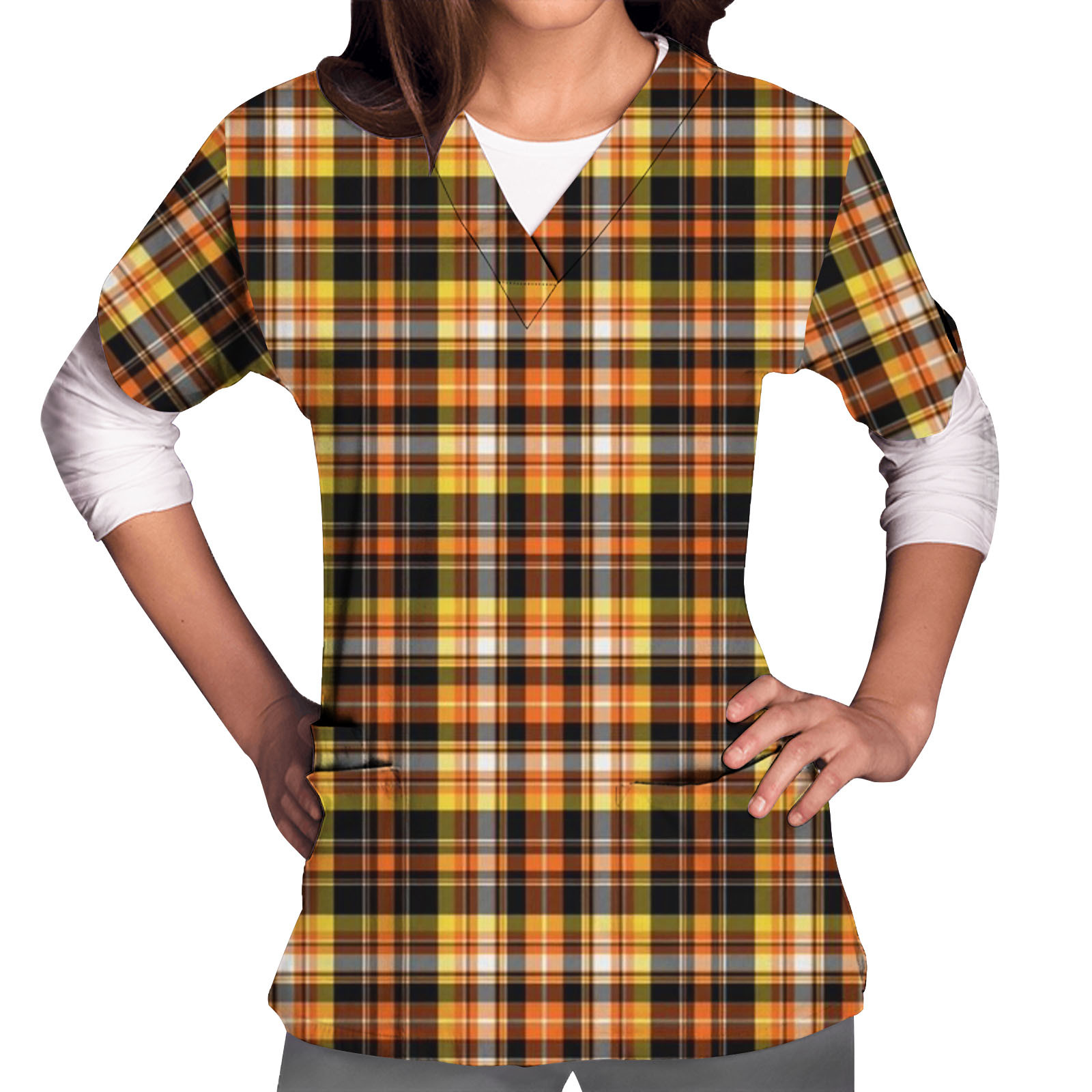 DDAPJ pyju Womens Thanksgiving Scrub Tops Prime Deals,Plaid Print V Neck Nursing Scrubs Holiday