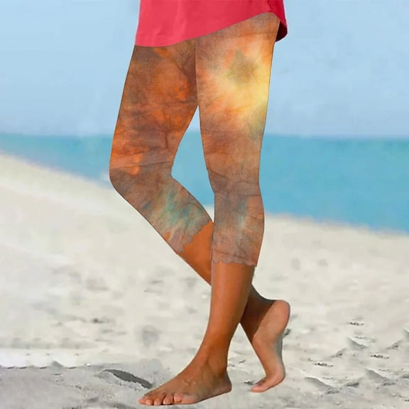 DDAPJ pyju Womens Tie Dye Printed Leggings Buttery Soft Yoga Capri Pants High Waisted Stretchy Gym Tights Summer Casual Beach Capris Khaki S