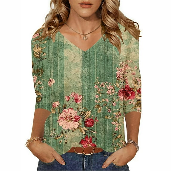 DDAPJ pyju Womens Tops 3/4 Sleeve Shirts Boho Floral Print Tshirts Dressy Casual V Neck Blouse Tees Army Green M