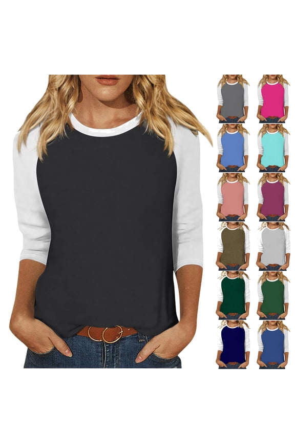 Womens Tops 3/4 Sleeve Shirts Round Neck Loose Casual Tshirts Color Block Summer Tees Light Gray XL