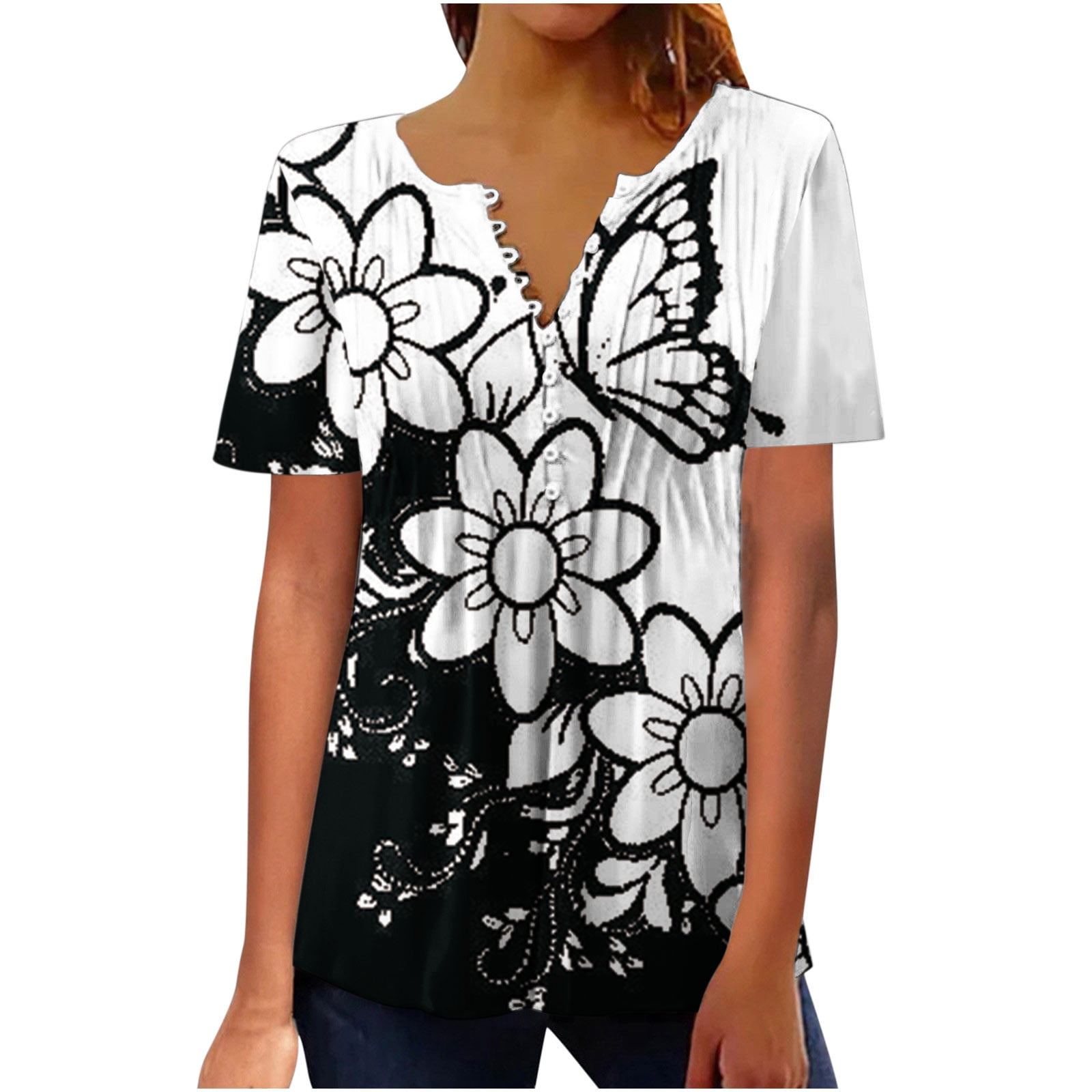 DDAPJ pyju Womens Tops Hide Belly Fat Shirts,Summer Pleated Button V Neck  T-Shirt Causal Empire Waist A-Line Floral Tunic Tops