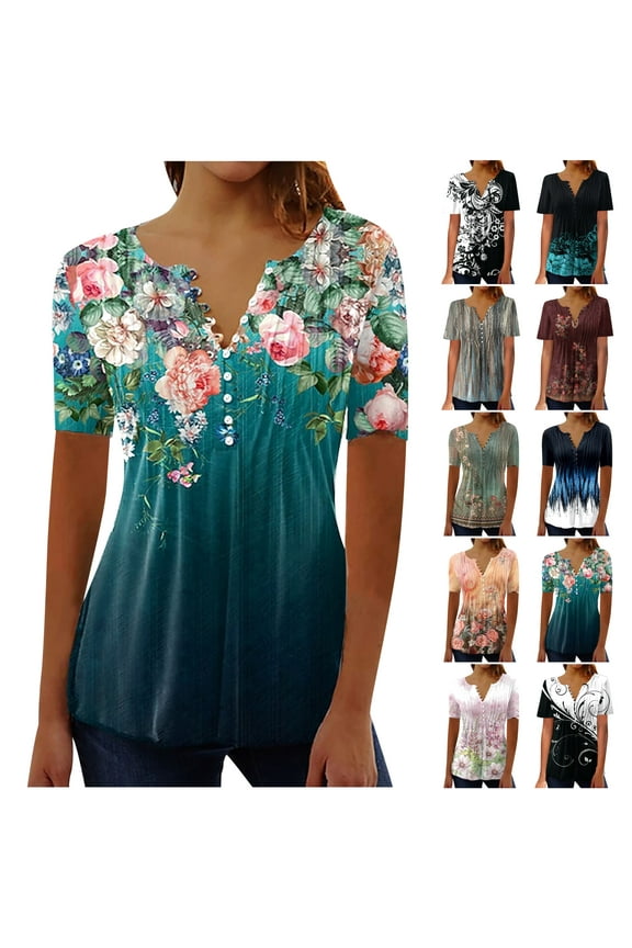 Womens Tops Hide Belly Fat Shirts,Button V Neck T-Shirt Empire Waist A-Line Pleated Shirt Vintage Print Longshirt Plus Size Drape Blouse S - 5XL