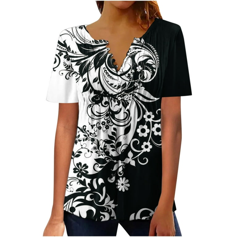 DDAPJ pyju Womens Tops Hide Belly Fat Shirts Button V Neck T Shirt Empire Waist A Line Pleated Shirt Vintage Print Longshirt Plus Size Drape Blouse S