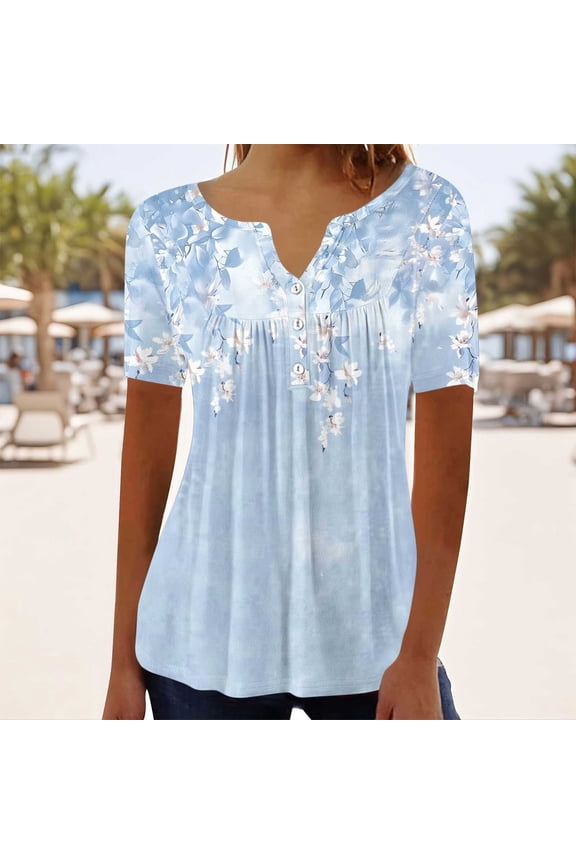 Womens Tops Short Sleeve Hide Belly Shirt Vintage Floral Print Empire Waist A Line Tunic Blouse Sky Blue XL