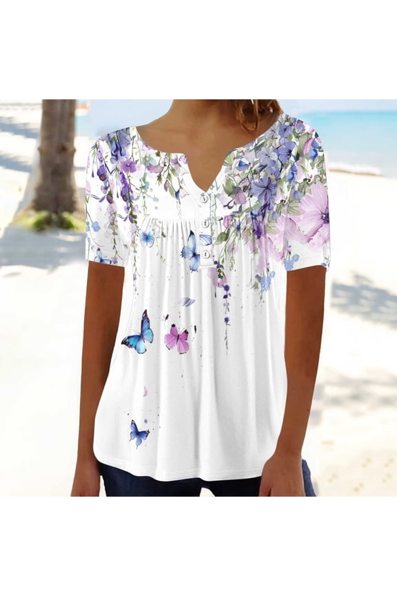 Womens Tops Short Sleeve Hide Belly Shirt Vintage Floral Print Empire Waist A Line Tunic Blouse White XL