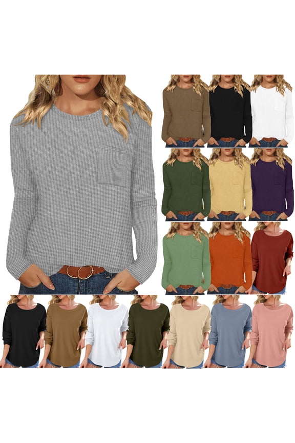 Womens Tops Waffle Knit Long Sleeve Crewneck Shirts Casual Trendy Solid Color Loose Blouses with Pocket Coffee M