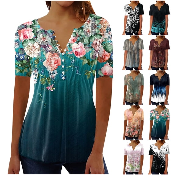 DDAPJ pyju Womens Tunic Tops 2025 Summer Dressy Casual Floral Blouses Loose Fit Pleated V Neck Short Sleeve Button Up T-shirt Hide Belly Tunics Navy L