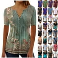 thumbnail image 1 of DDAPJ pyju Womens Tunic Tops 2025 Summer Floral Blouses Trendy Casual Short Sleeve Pleated Shirts Henley Neck Basic Tops Birthday Gifts Dark Blue L, 1 of 6