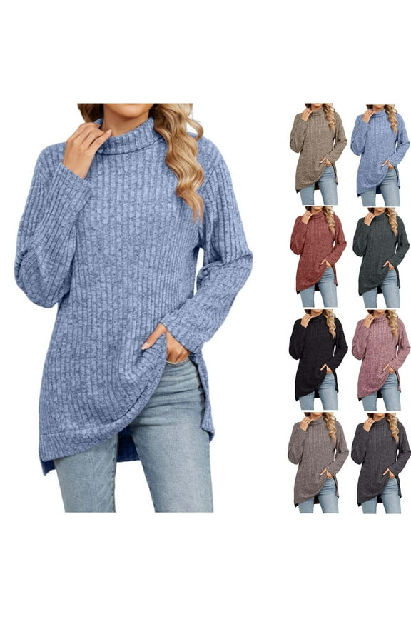 Womens Turtleneck Tunic Sweaters Long Sleeve Ribbed Knit Pullover Sweater Side Split High Low Hem Jumper Tops Basic Solid Casual Sweaters Army Green S