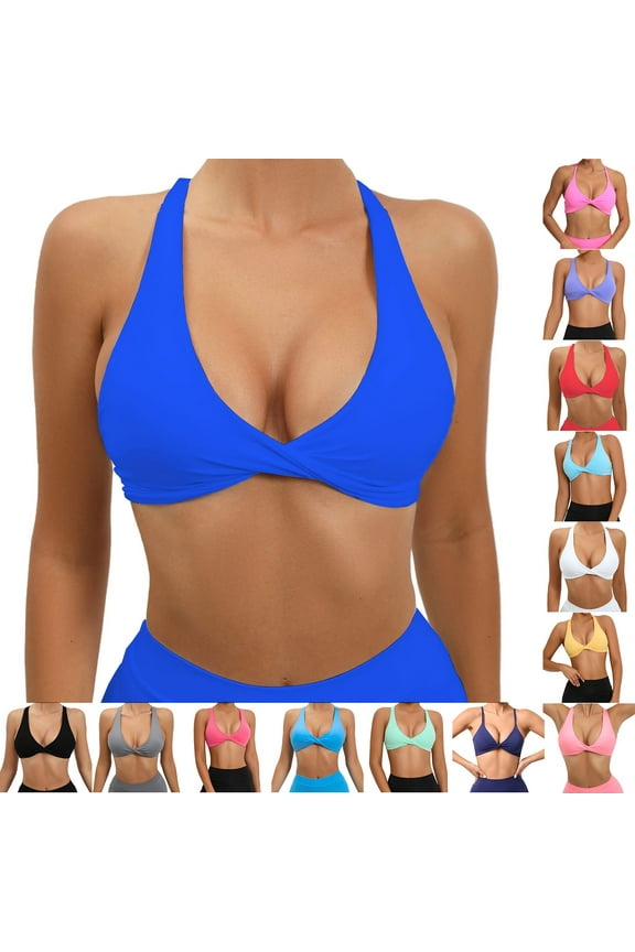 Womens Twist Front Sports Bra Deep V-Neck Halter Gather Bras Underwire Bikini Top Swim Bathing Suit Tops Clearance Sale Blue M