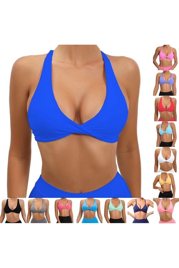 Womens Twist Front Sports Bra Deep V-Neck Halter Gather Bras Underwire Bikini Top Swim Bathing Suit Tops Prime Sales Today Yellow S