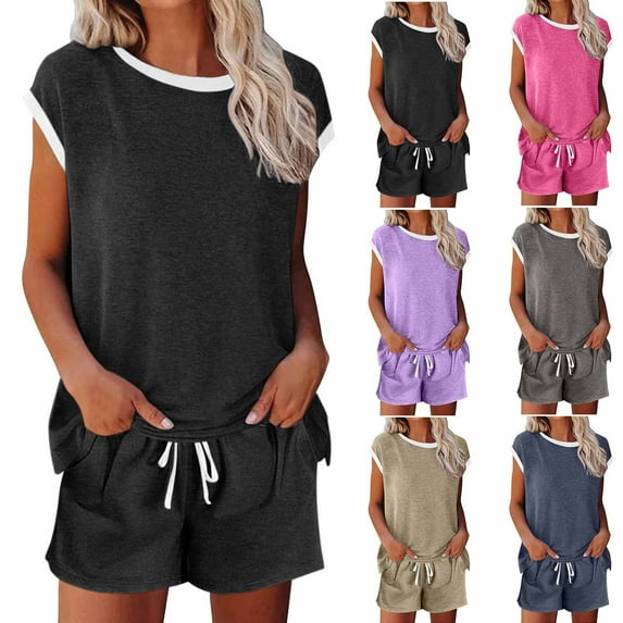 DDAPJ pyju Womens Two Piece Short Sets Cap Sleeve Crew Neck T Shirt and Shorts Set Drawstring Summer Sweatsuit with Pockets Hot Pink XXL