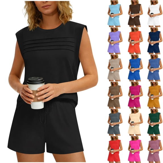 DDAPJ pyju Womens Two Piece Short Sets Trendy Summer Pleated Front Sleeveless Tank Tops Drawstring Elastic Waist Shorts with Pockets Blue M