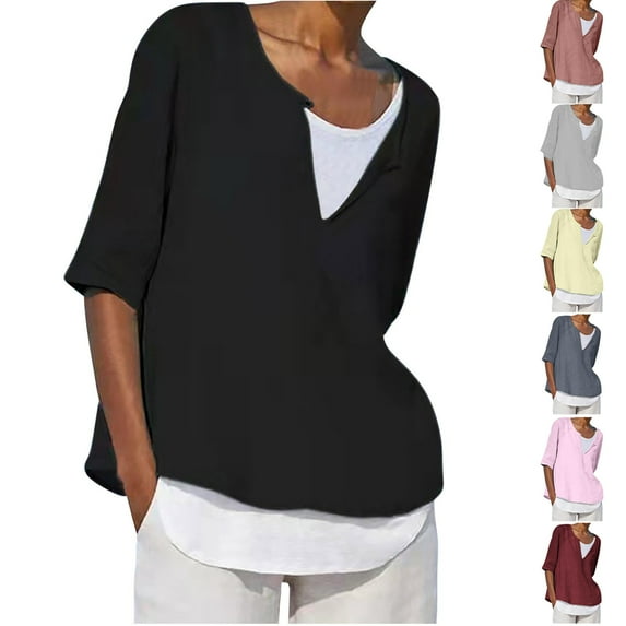 DDAPJ pyju Womens V Neck Cotton Linen Shirts Loose Casual Gauze Tshirt Oversized Solid Color Tunic Tops Birthday Gifts Wine M