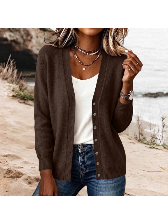 Womens V Neck Knit Cardigan Button Up Long Sleeve Open Front Casual Fall Sweater Layering Outerwear for Work Office School Daily Outings M